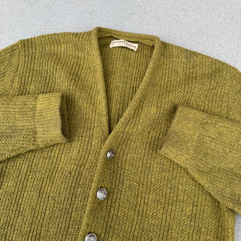 Vintage Puritan Sportswear Wool Blend Cardigan Sweater Olive Green Mens Small